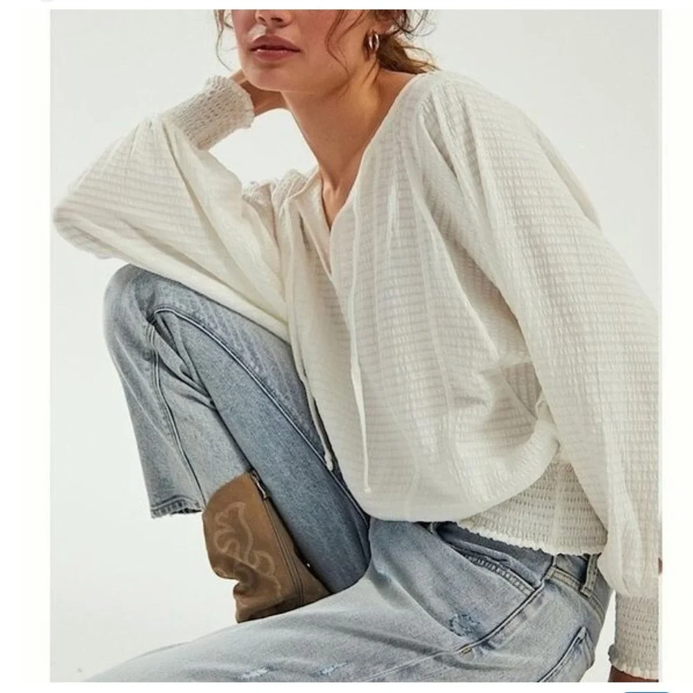 Anthropologie Rebecca Poet Smocked Peasant Top White Romantic Pirate Boho Small